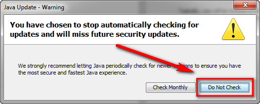 Подтвердите отключение автообновления Java