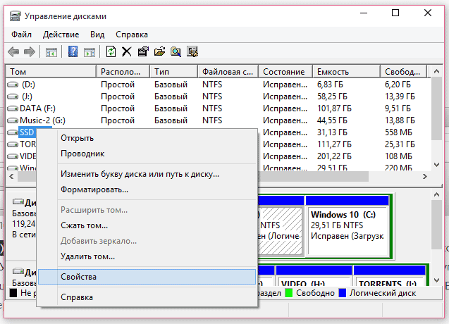 Вход в свойства диска на Windows 7