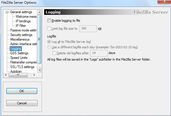 FileZilla Server — настройка записи log-файлов