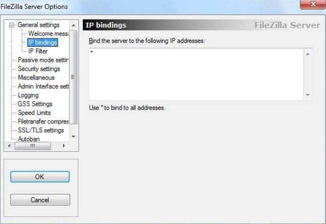 FileZilla Server — настройки адресов