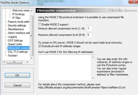 FileZilla Server — установки компрессии файлов