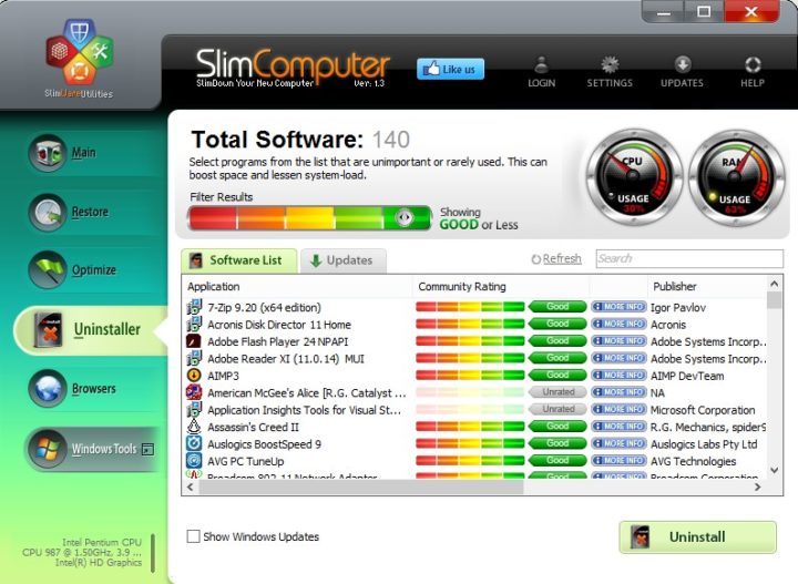 Раздел «Uninstaller» в SlimComputer