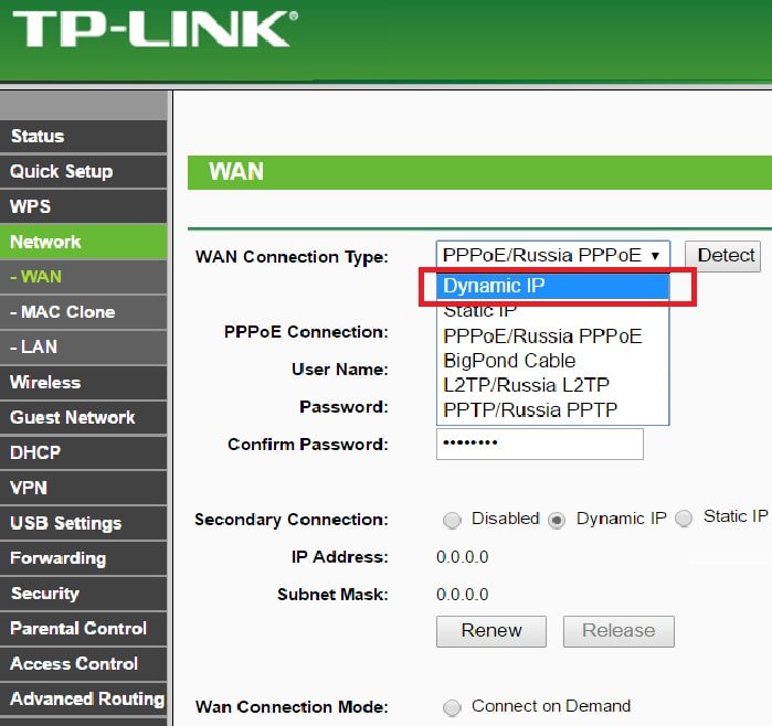 Пример назначения автополучения IP от других сетей на роутерах TP-Link
