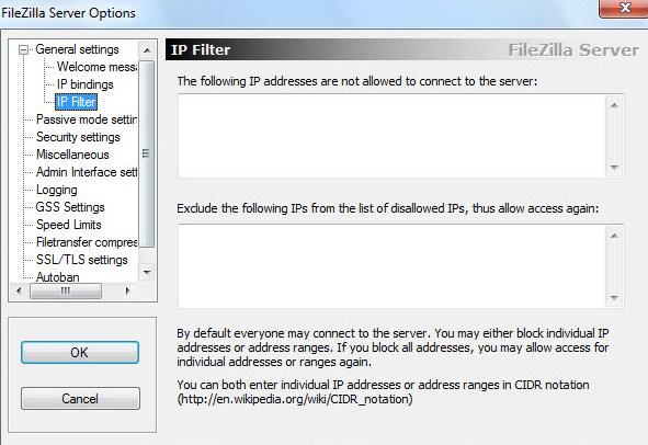 FileZilla Server — настройка списков доступа