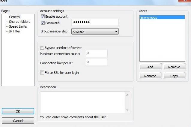 FileZilla Server — настройки пароля и доступных потоков